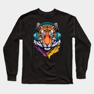 t-shirt design, colorful tiger with headphones on, graffiti art Long Sleeve T-Shirt